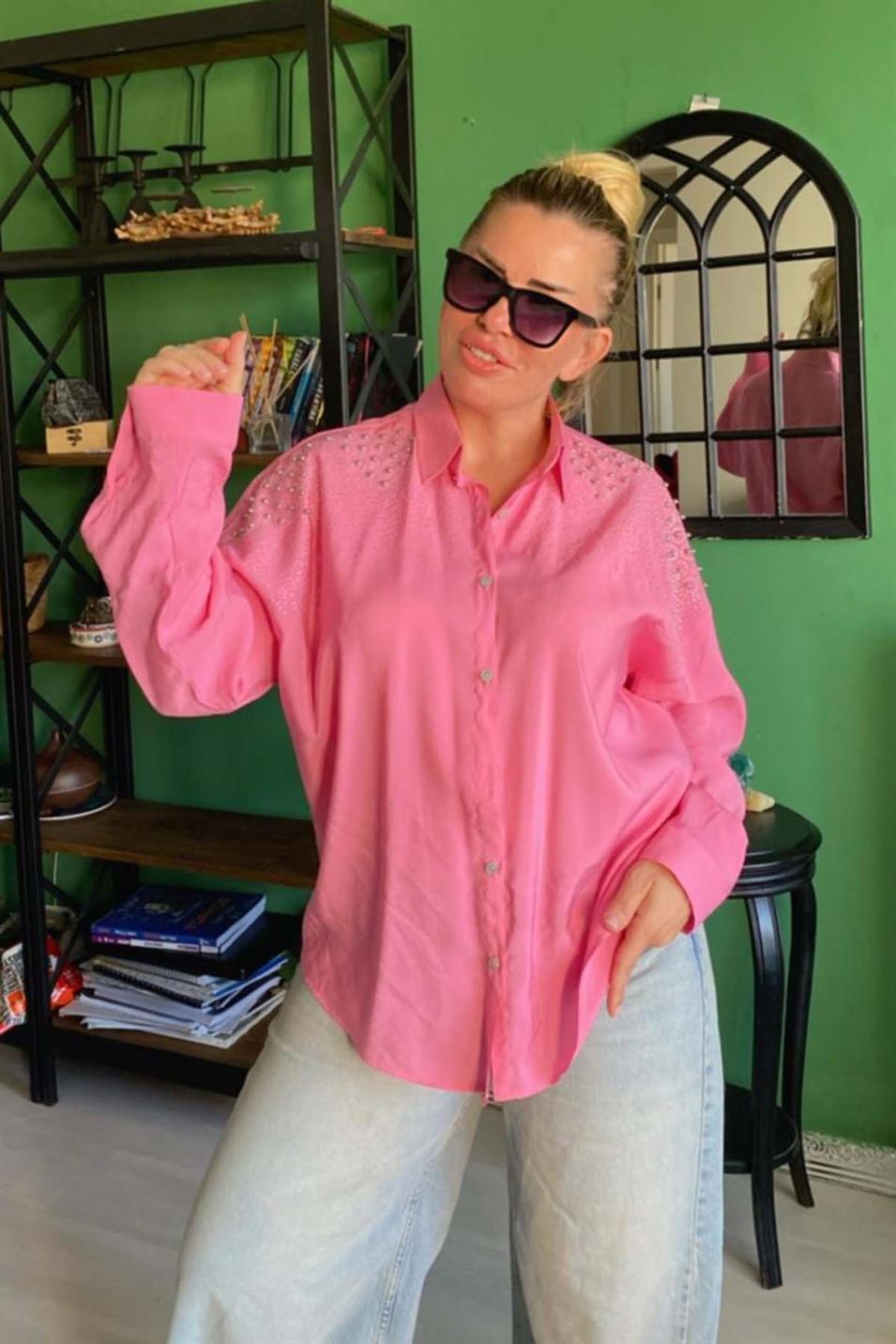 Boncuk İşlemeli Aerobin Gömlek Büyük Beden Pembe