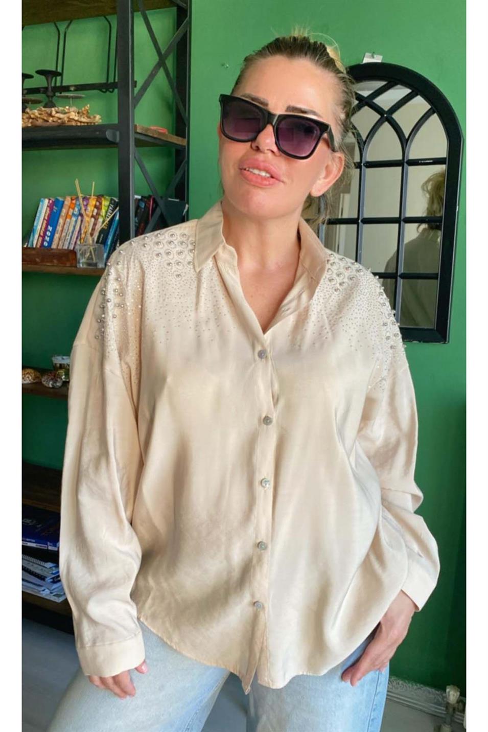 Boncuk İşlemeli Aerobin Gömlek Büyük Beden Taş