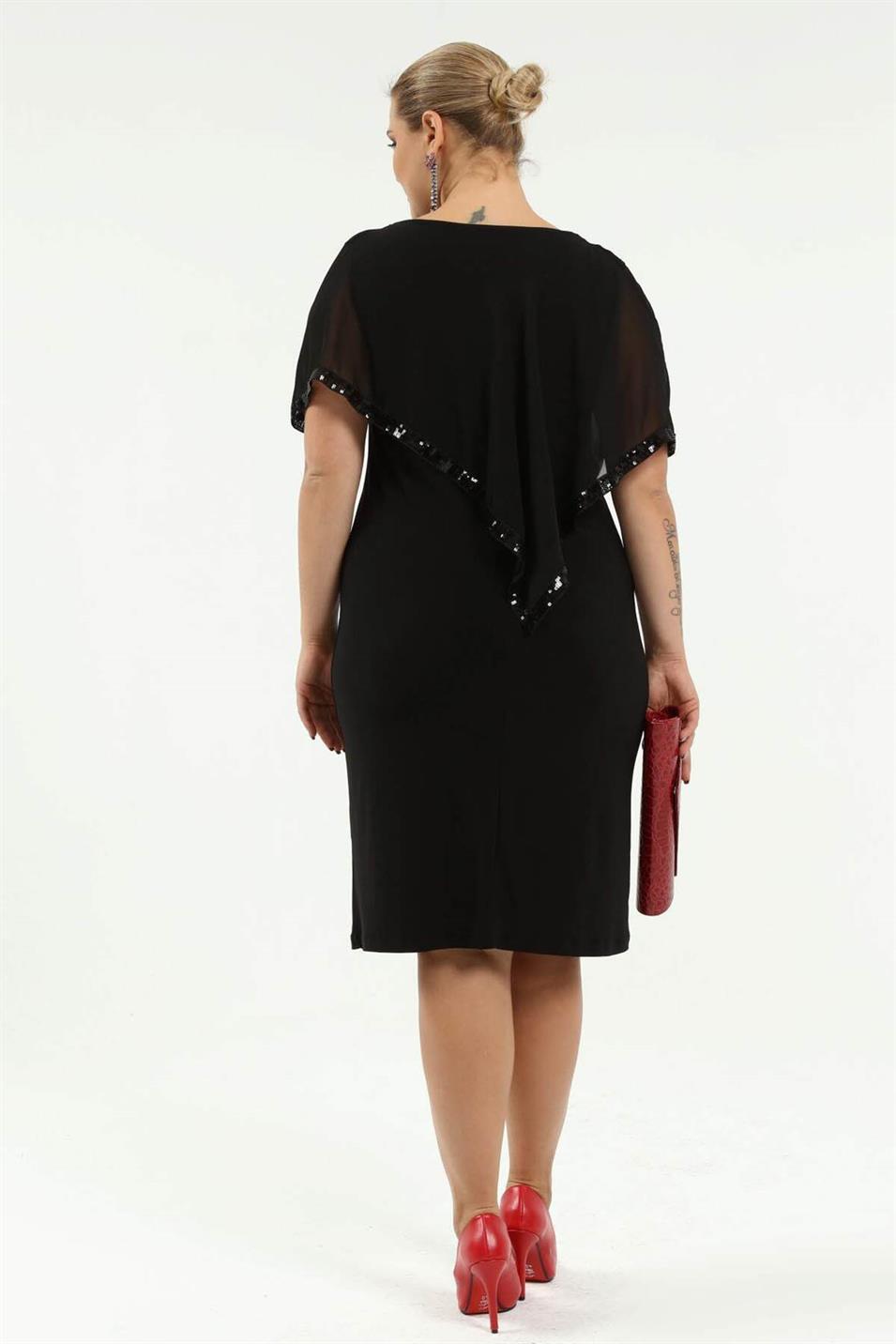 Büyük Beden Payet Detay Kısa Abiye Elbise KL8022K Siyah