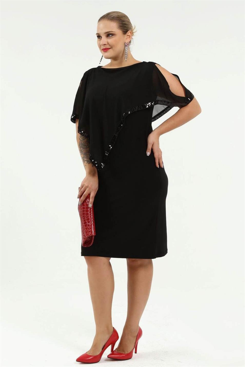 Büyük Beden Payet Detay Kısa Abiye Elbise KL8022K Siyah