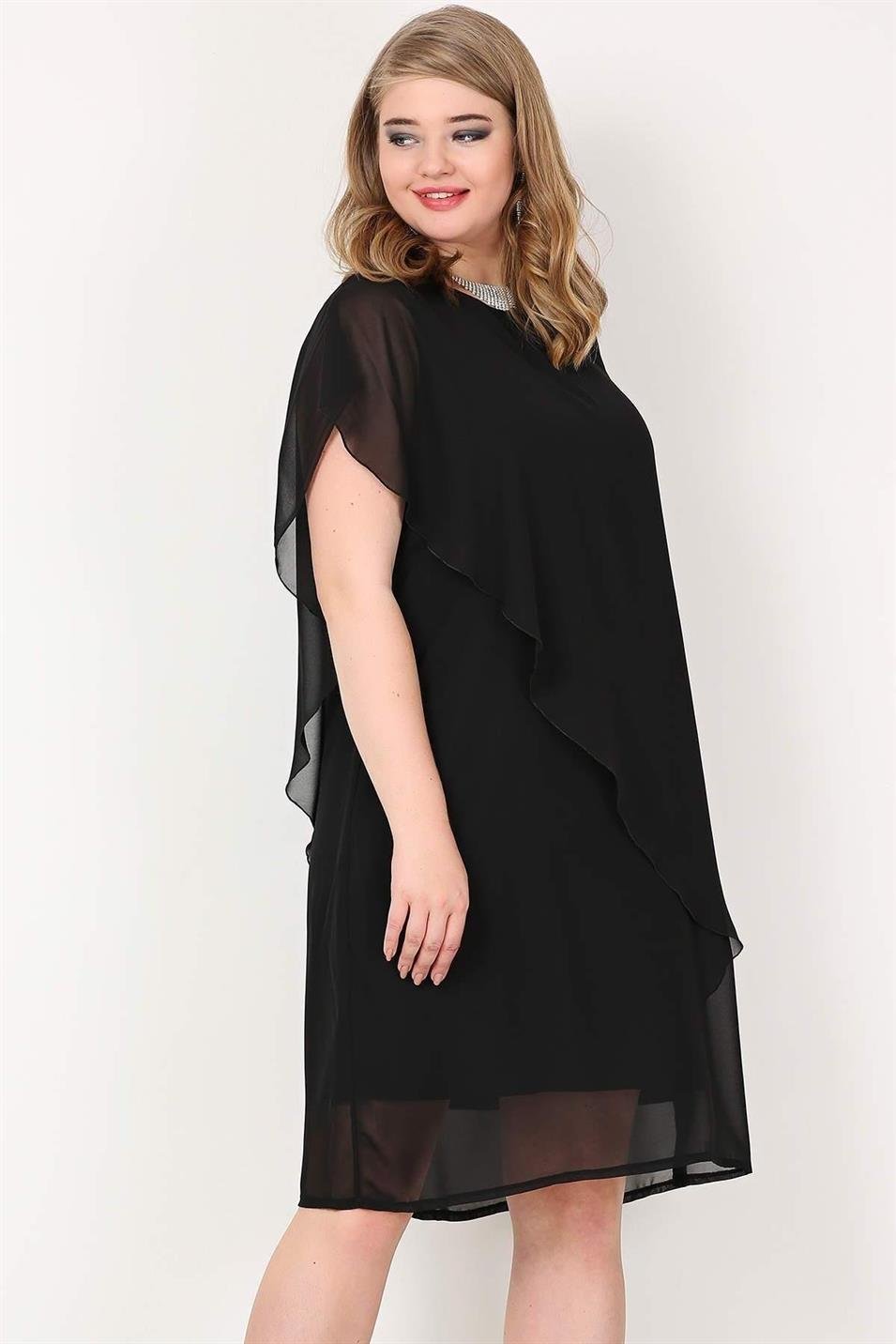 Büyük Beden Şifon Abiye Elbise Siyah