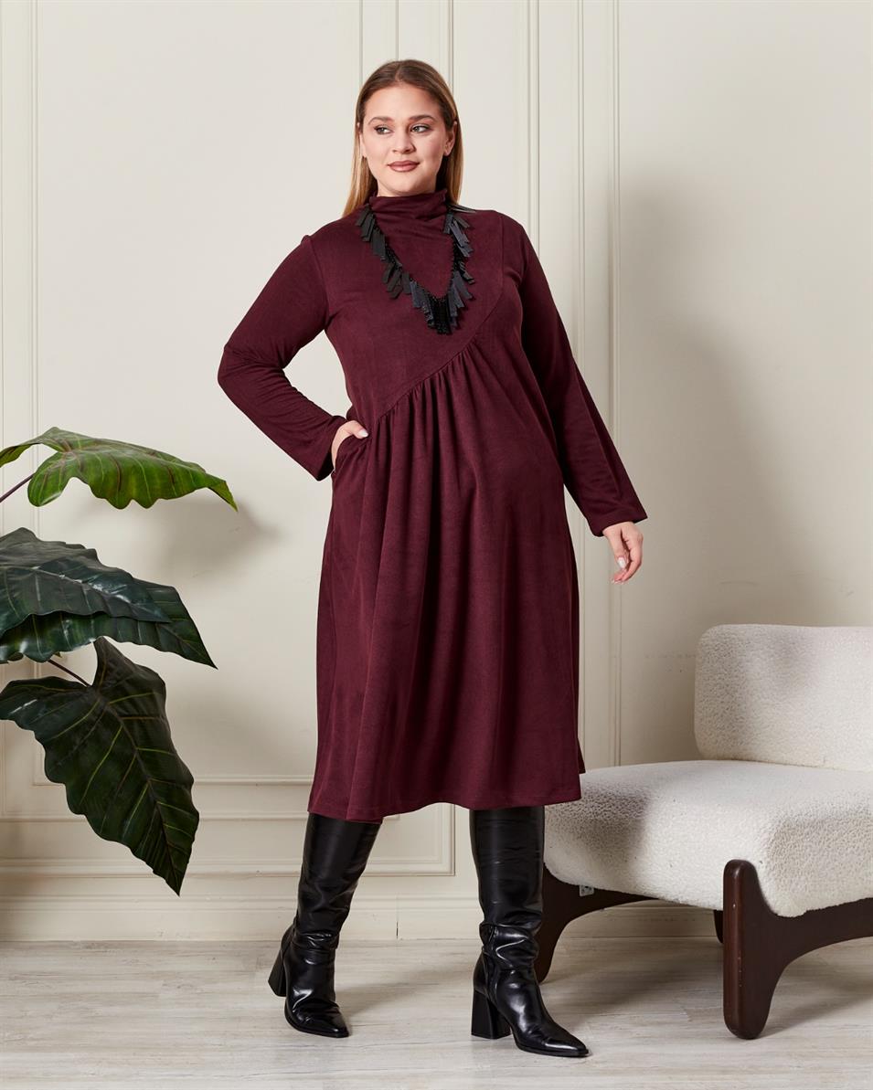 Büzgülü Yumuşak Dokulu Elbise Mürdüm