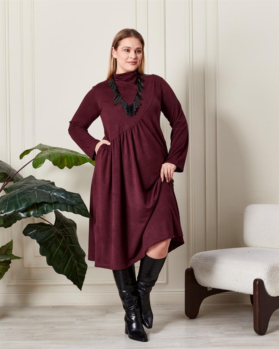 Büzgülü Yumuşak Dokulu Elbise Mürdüm