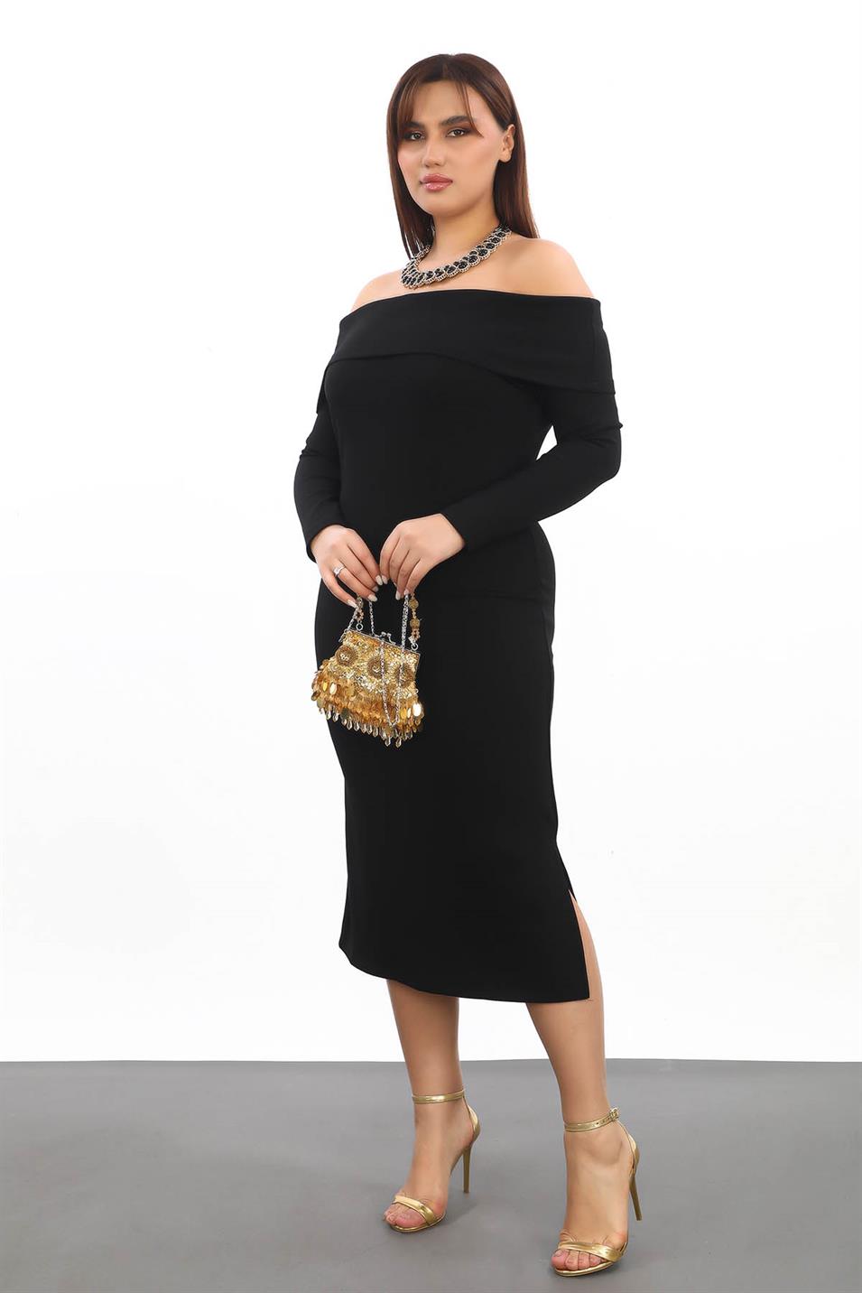 Carmen Yaka Oyshokumaş Büyük Beden Elbise Siyah