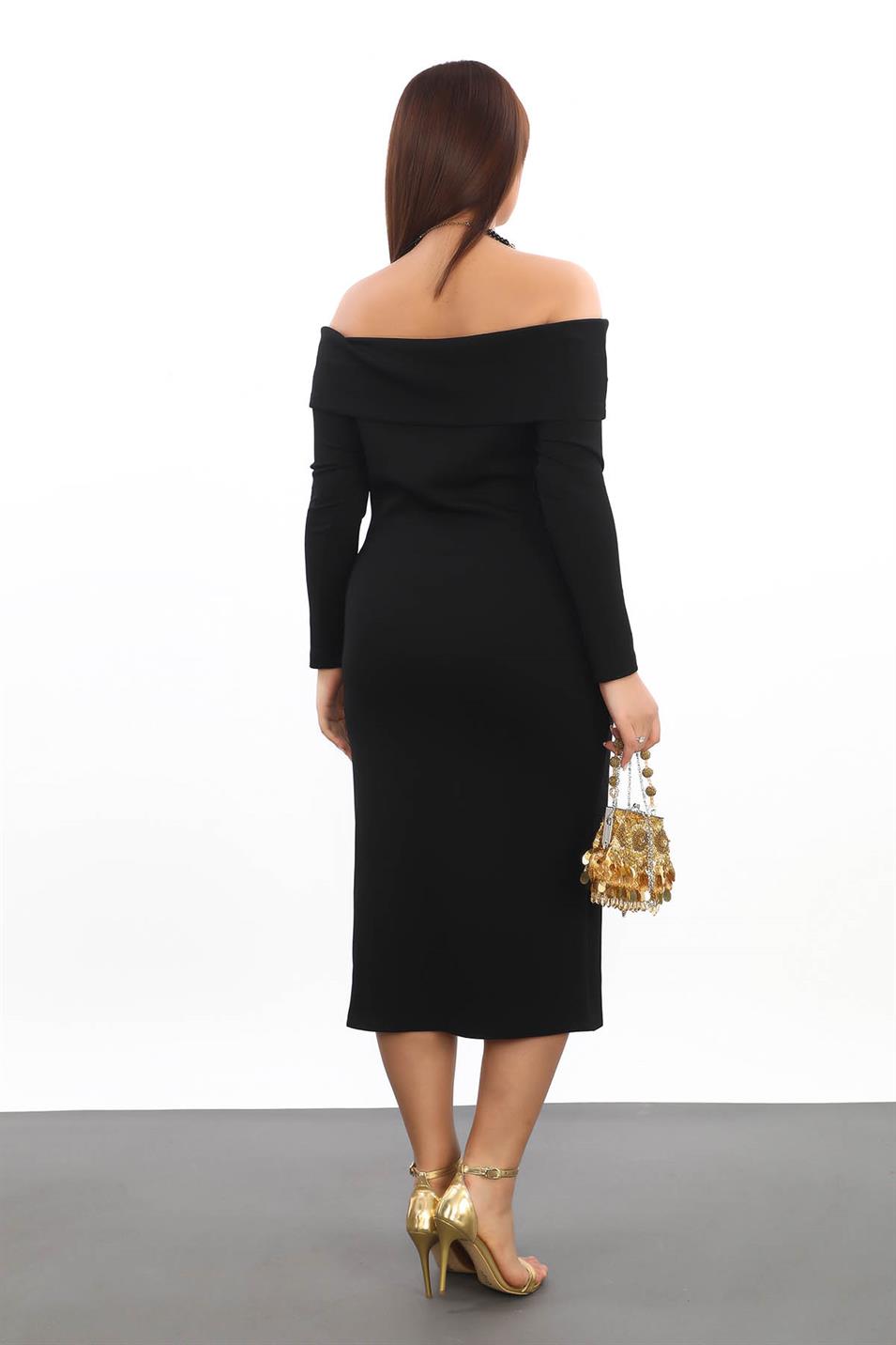 Carmen Yaka Oyshokumaş Büyük Beden Elbise Siyah