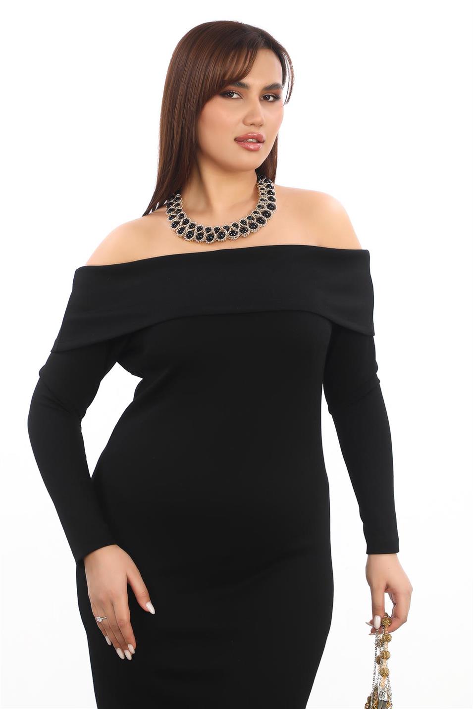 Carmen Yaka Oyshokumaş Büyük Beden Elbise Siyah