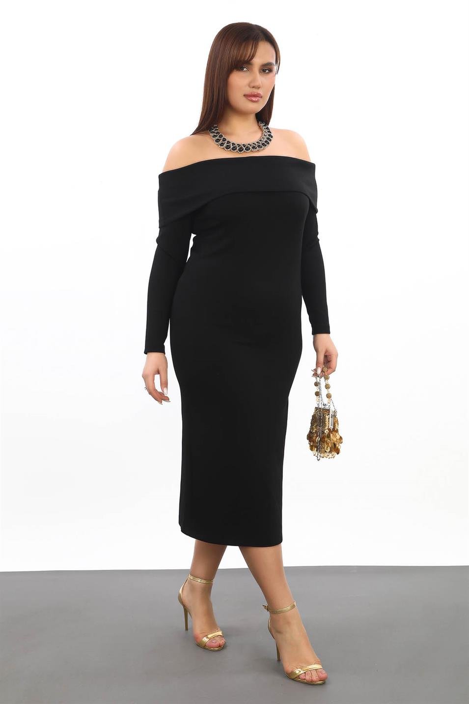 Carmen Yaka Oyshokumaş Büyük Beden Elbise Siyah