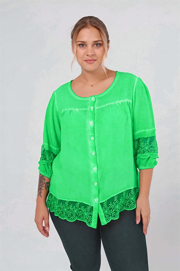 Dantel Detaylı Büyük Beden Gömlek Bluz Yeşil