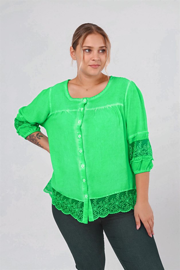 Dantel Detaylı Büyük Beden Gömlek Bluz Yeşil