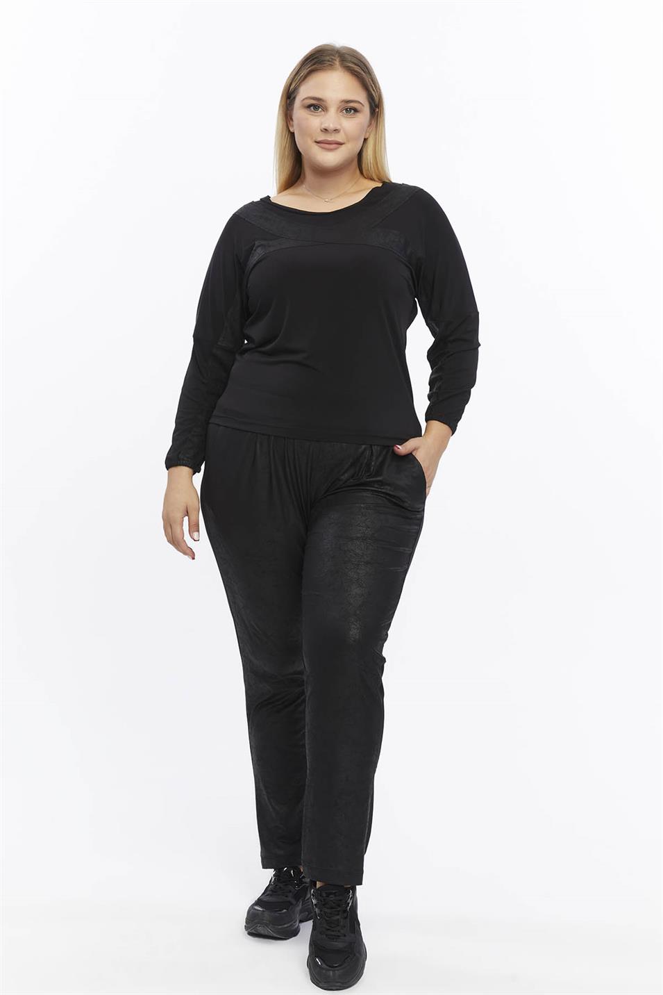 Deri Detaylı Büyük Beden Eşofman Takım Siyah