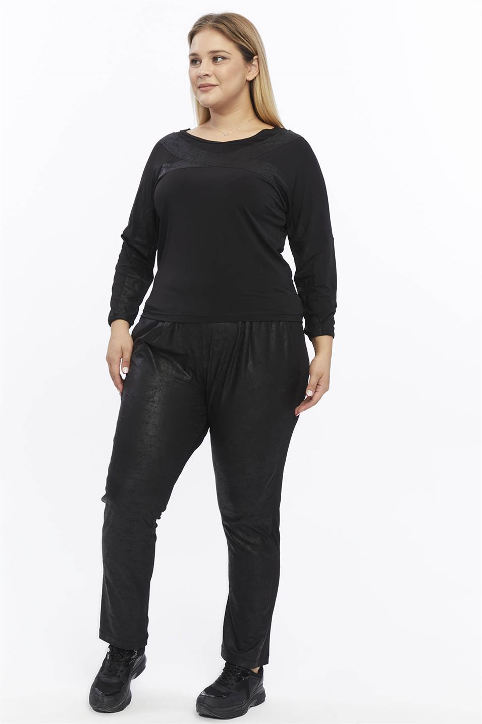 Deri Detaylı Büyük Beden Eşofman Takım Siyah