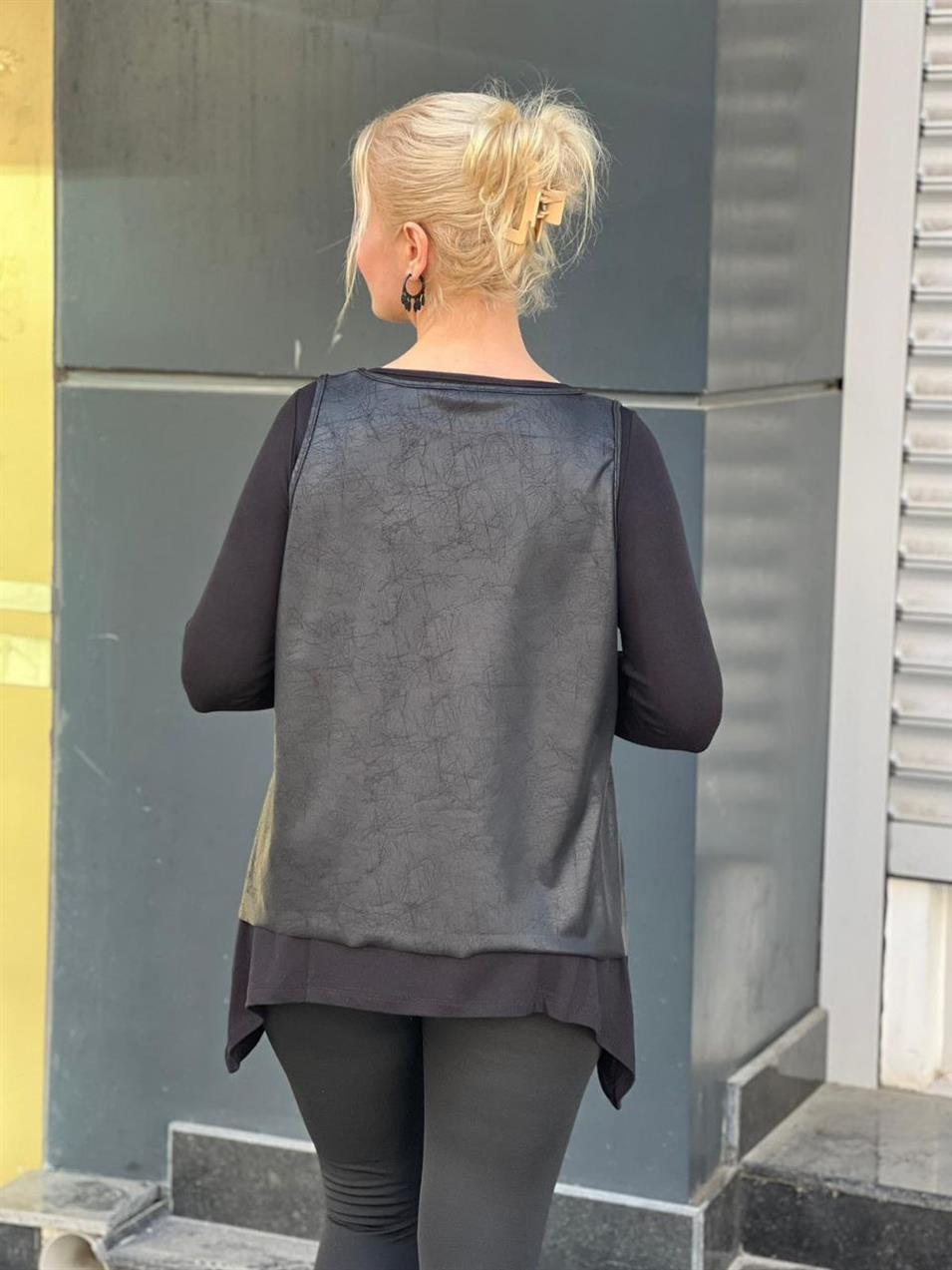 Deri Yelekli Bluz Takım