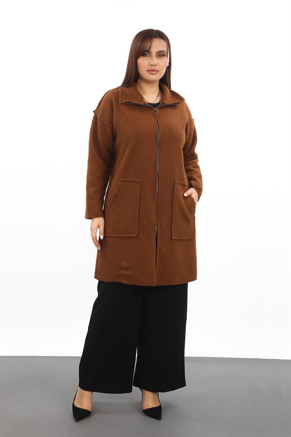 Dik Yaka Buklet Büyük Beden Uzun Mont Kahverengi