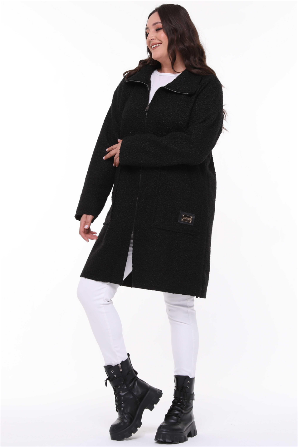 Dik Yaka Buklet Büyük Beden Uzun Mont Siyah