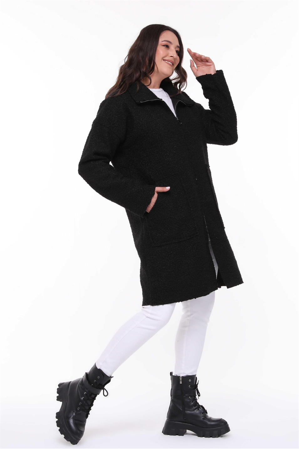 Dik Yaka Buklet Büyük Beden Uzun Mont Siyah
