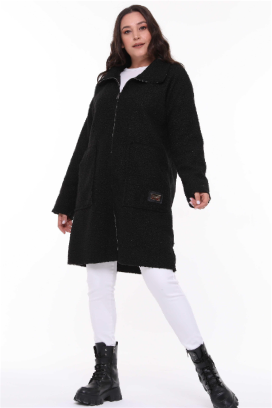 Dik Yaka Buklet Büyük Beden Uzun Mont Siyah