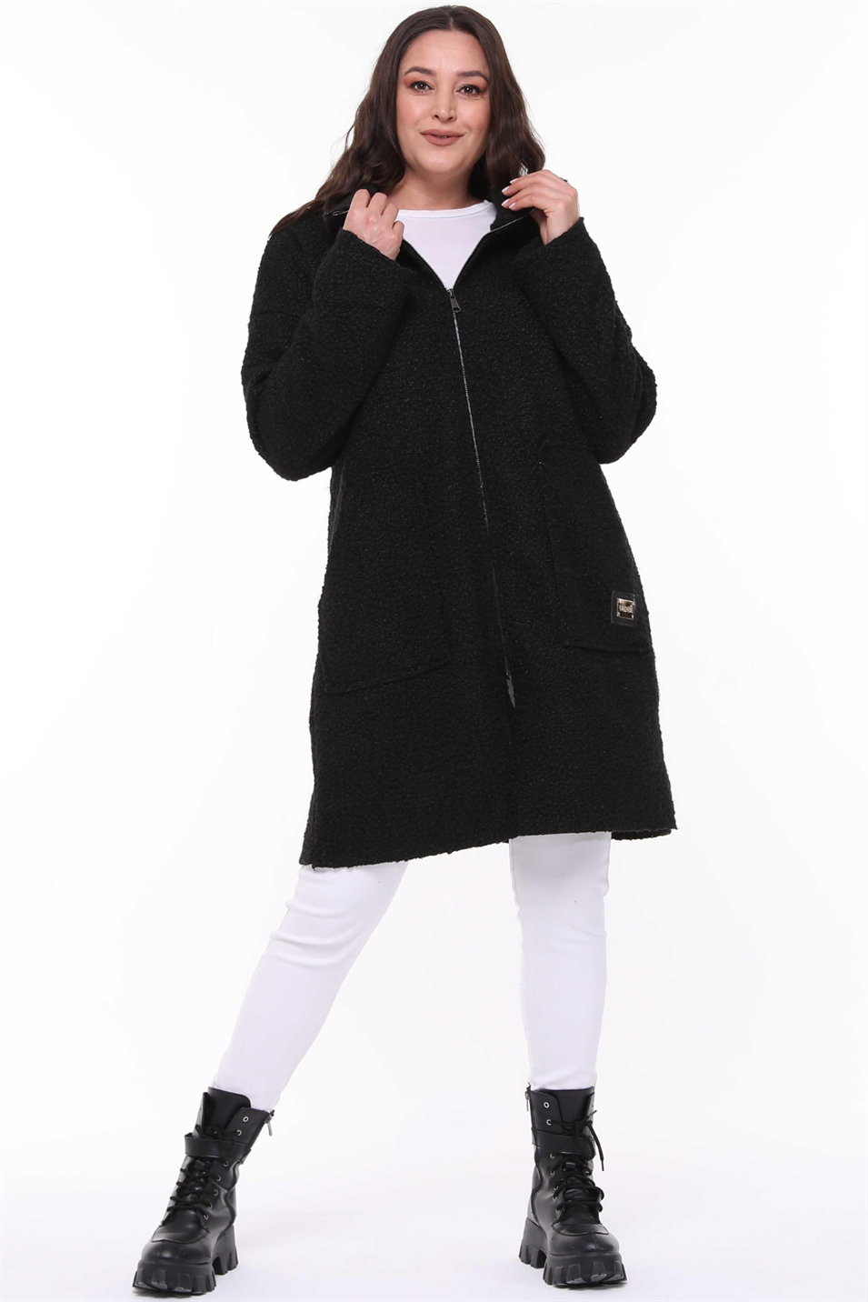 Dik Yaka Buklet Büyük Beden Uzun Mont Siyah