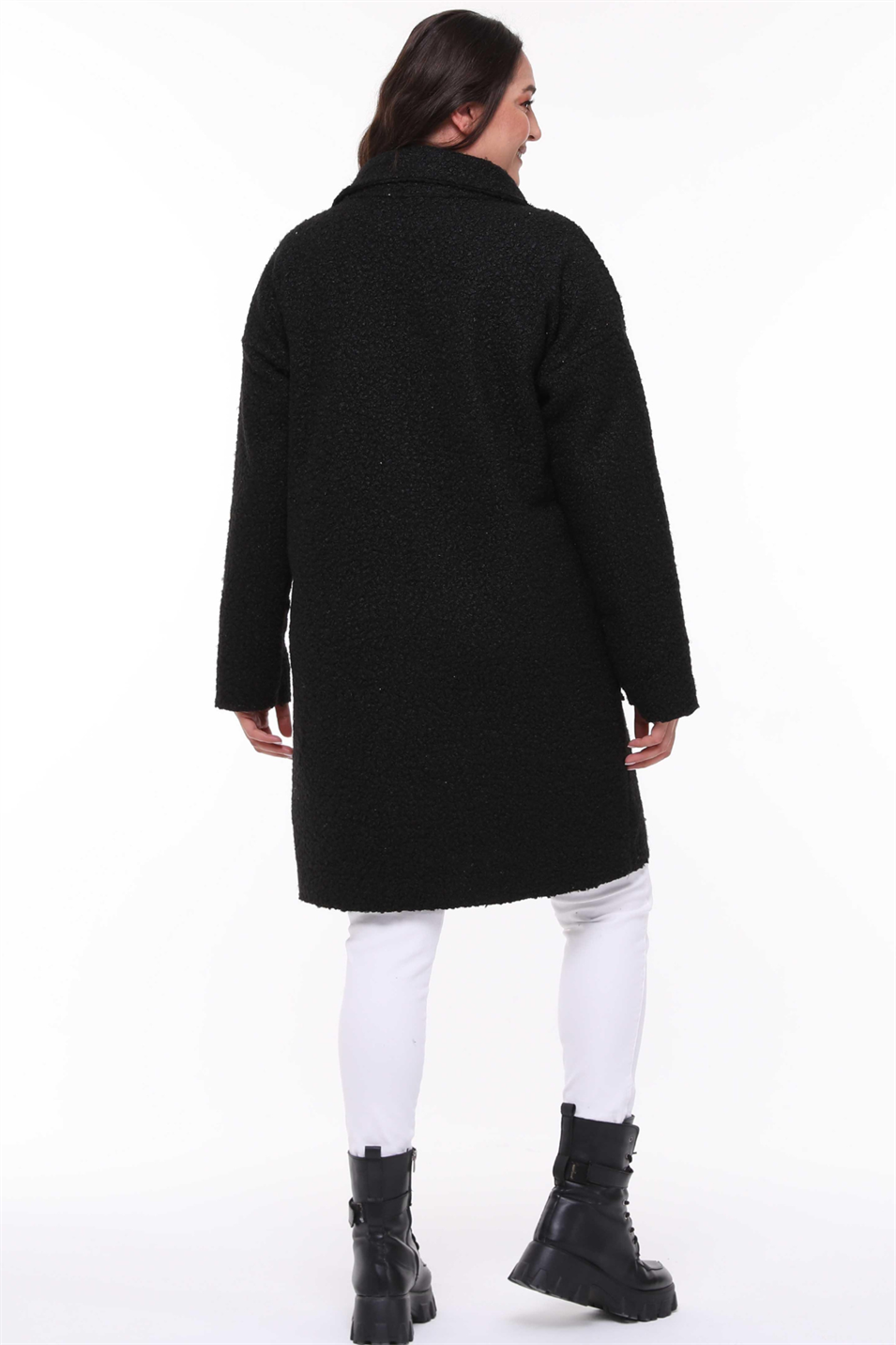 Dik Yaka Buklet Büyük Beden Uzun Mont Siyah
