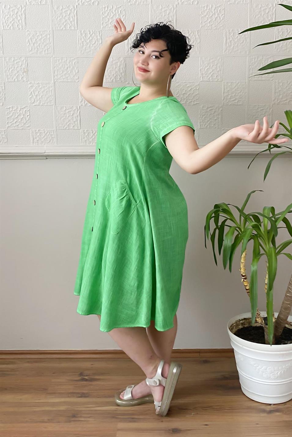 Düğme Detay Yıkamalı Büyük Beden Elbise Yeşil