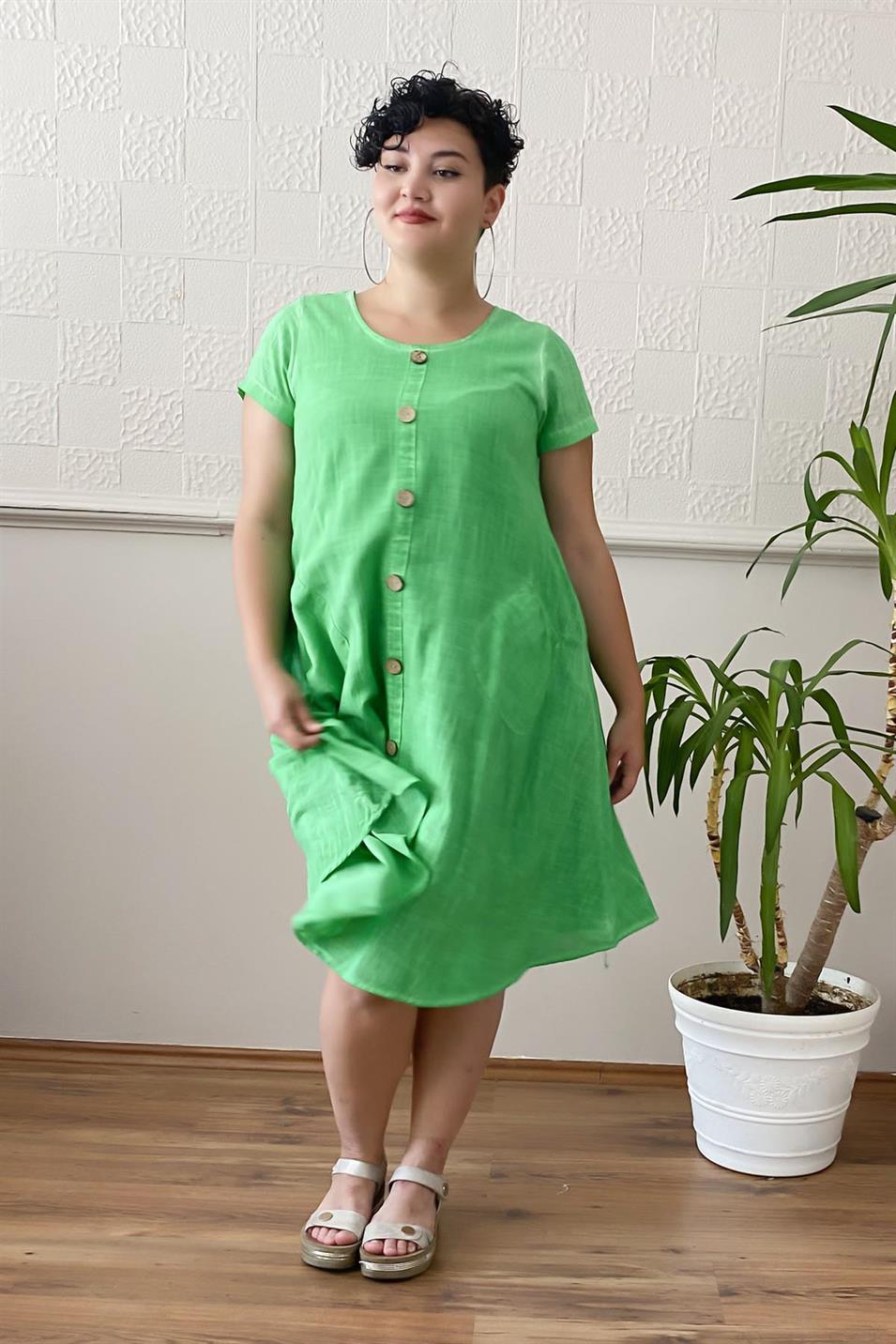 Düğme Detay Yıkamalı Büyük Beden Elbise Yeşil