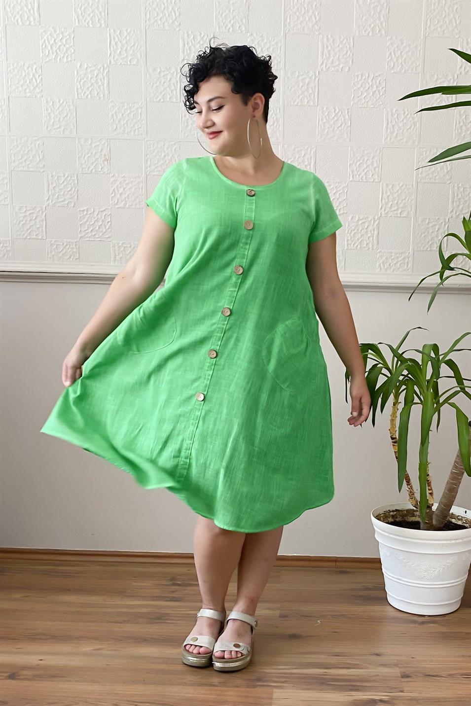 Düğme Detay Yıkamalı Büyük Beden Elbise Yeşil