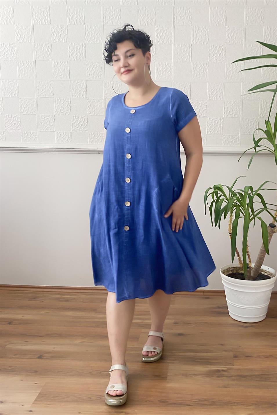 Düğme Detay Yıkamalı Büyük Beden Elbise Lacivert