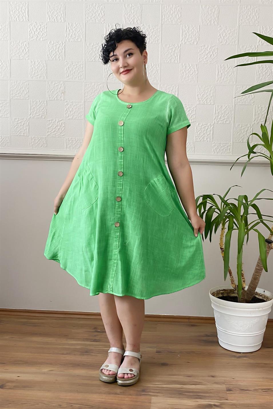 Düğme Detay Yıkamalı Büyük Beden Elbise Yeşil