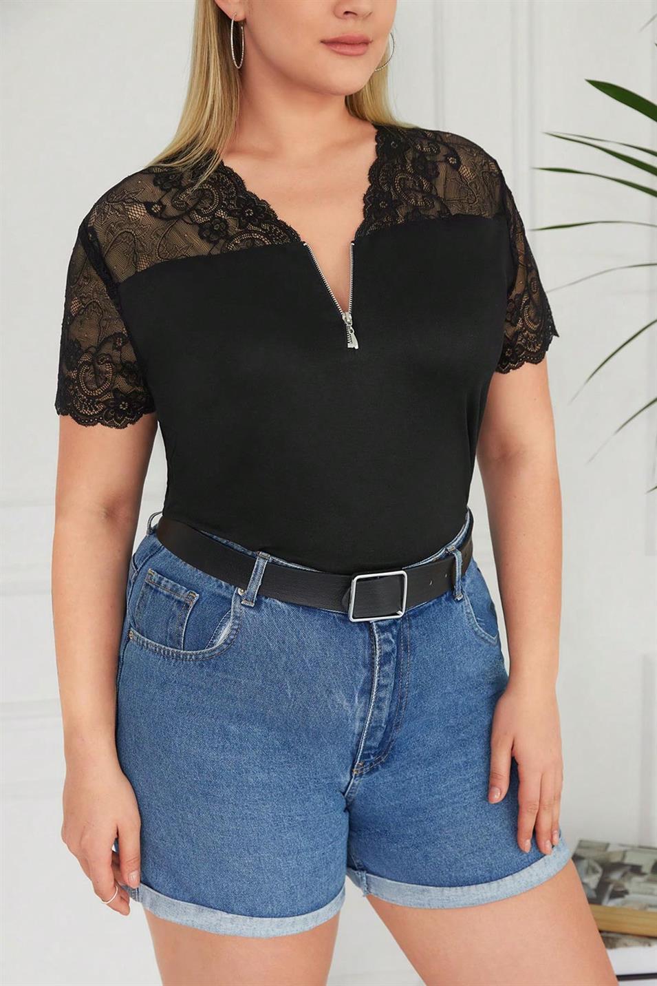 Fermuar ve Dantelli Büyük Beden Penye Bluz Siyah