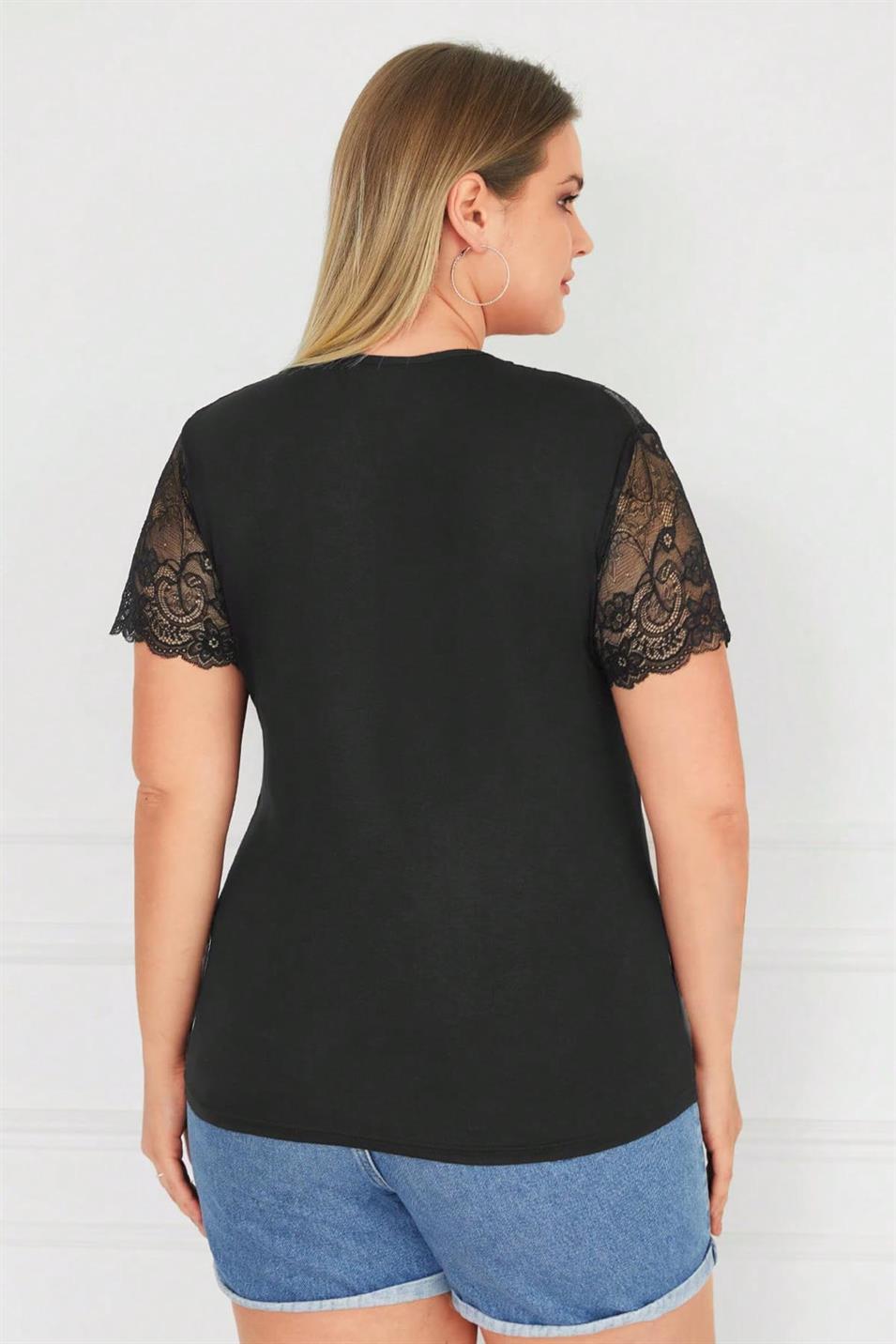 Fermuar ve Dantelli Büyük Beden Penye Bluz Siyah