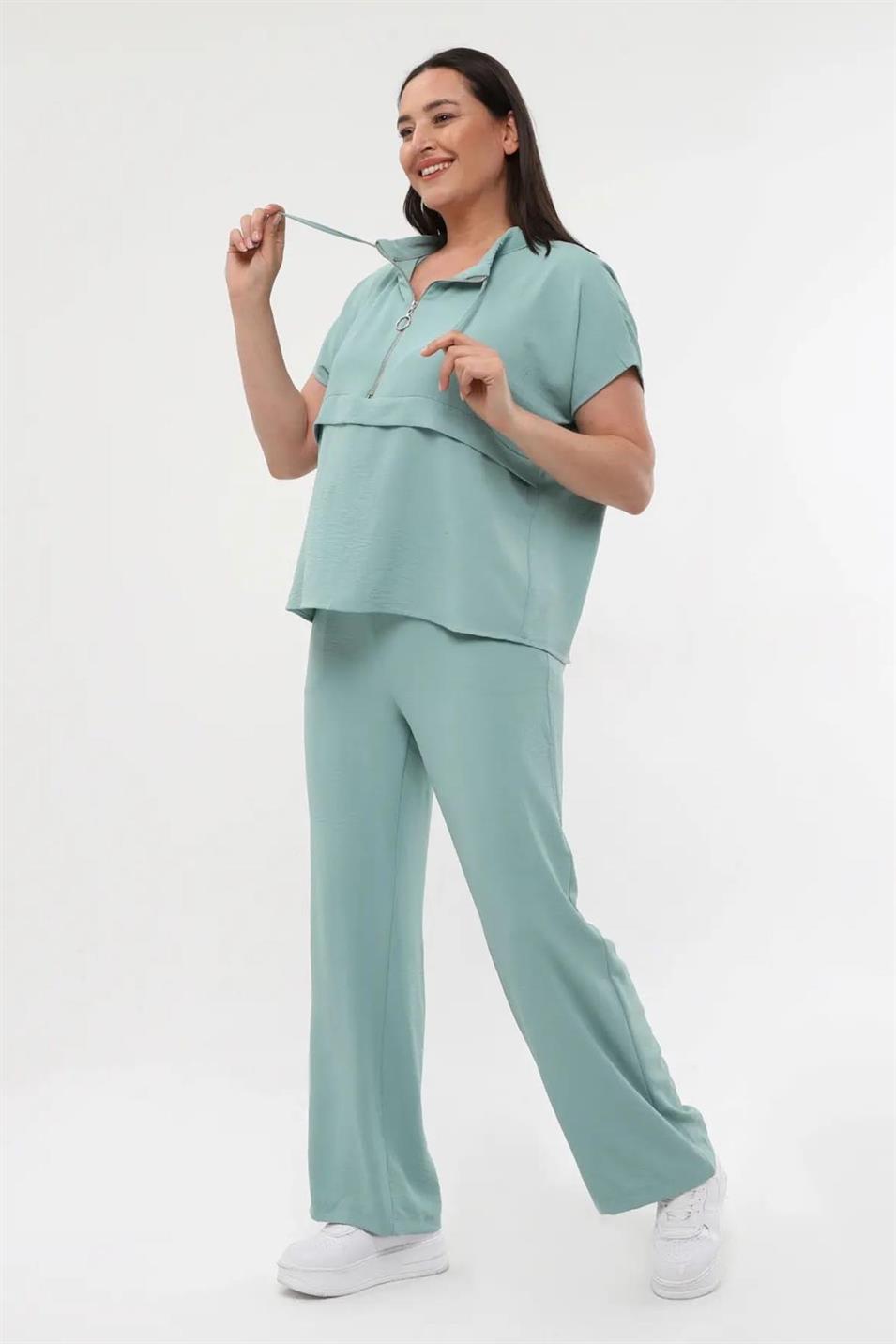 Fermuar Yaka Ayrobin Büyük Beden Takım Mint Yeşili