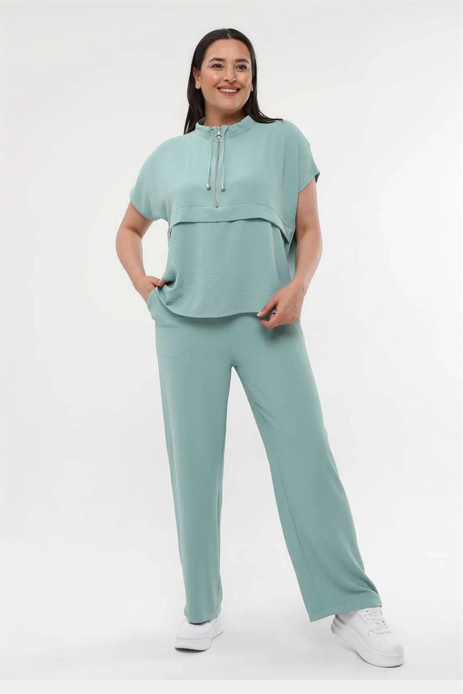 Fermuar Yaka Ayrobin Büyük Beden Takım Mint Yeşili