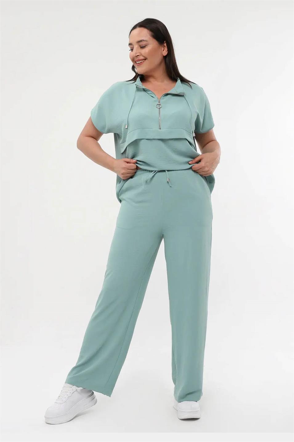 Fermuar Yaka Ayrobin Büyük Beden Takım Mint Yeşili
