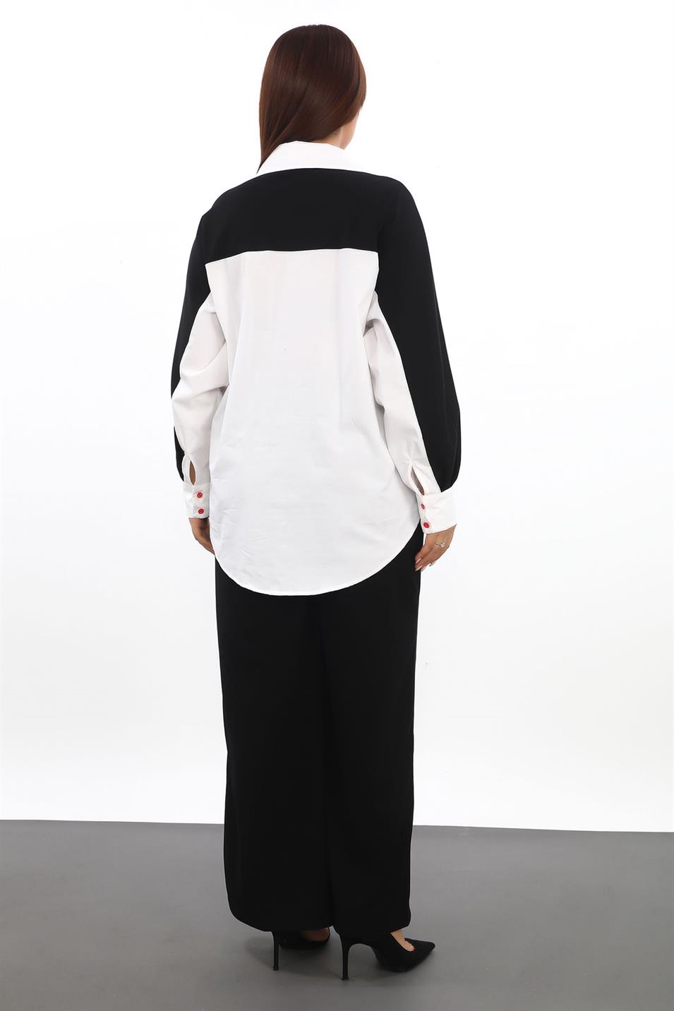 Gömlek Yaka Büyük Beden Tunik Siyah-Beyaz