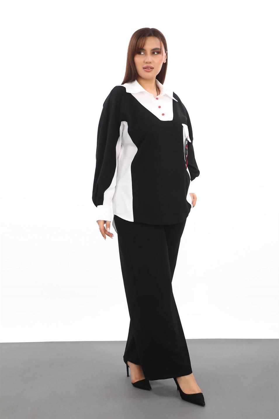 Gömlek Yaka Büyük Beden Tunik Siyah-Beyaz