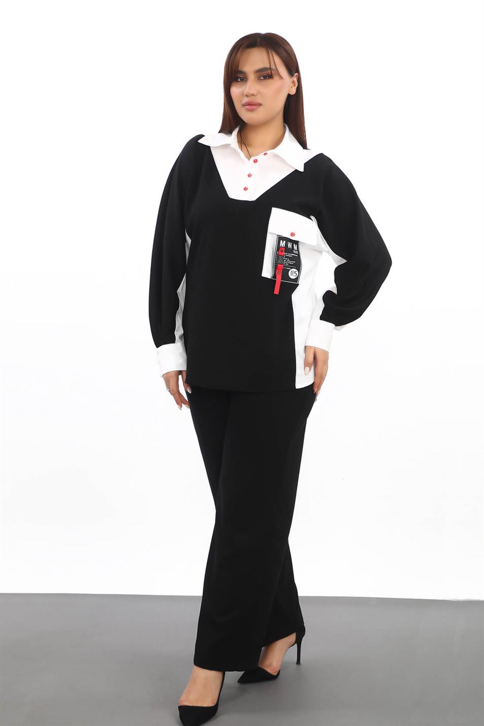 Gömlek Yaka Büyük Beden Tunik Siyah-Beyaz