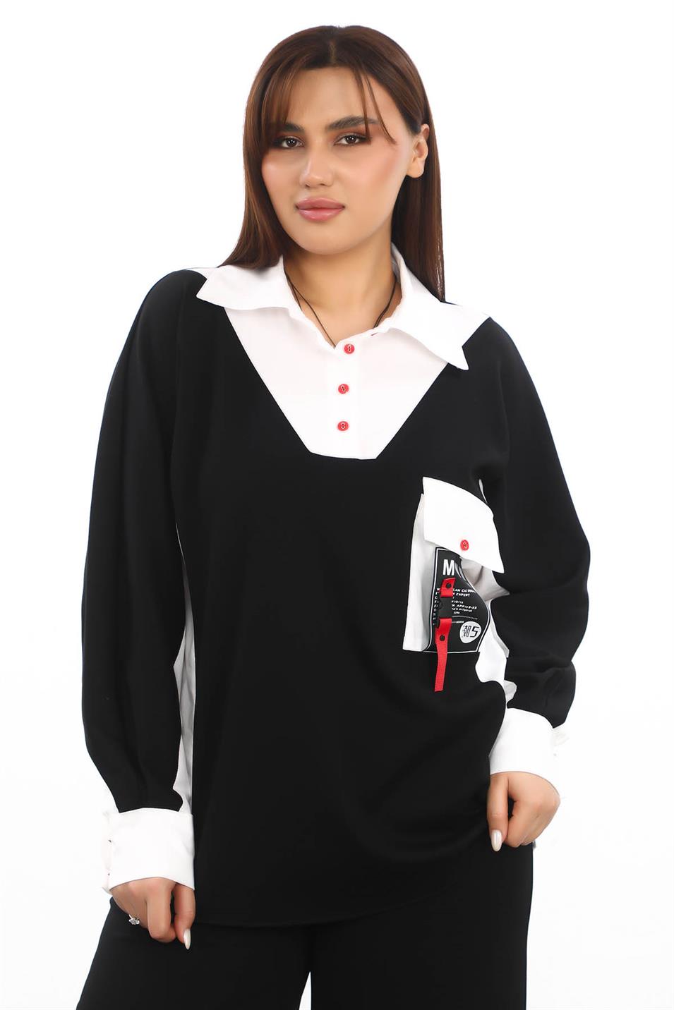 Gömlek Yaka Büyük Beden Tunik Siyah-Beyaz