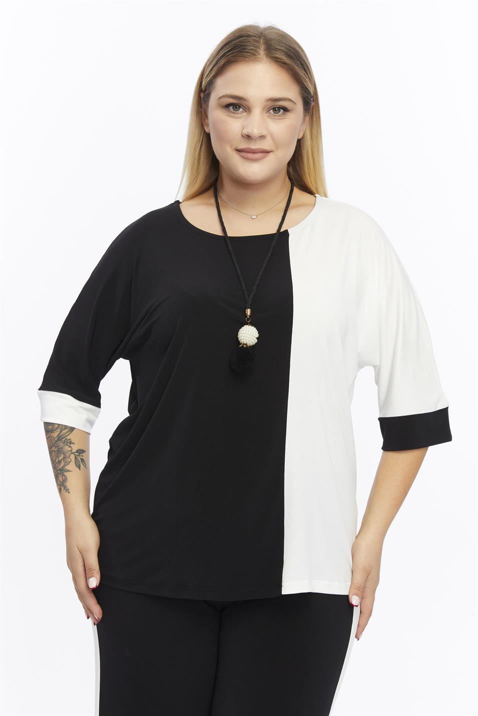 İki Renk Kolyeli Büyük Beden Bluz Siyah-Ekru