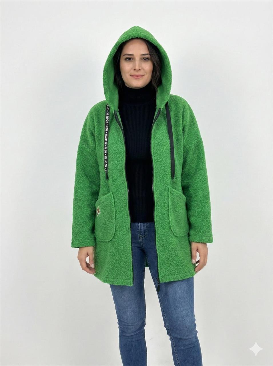 KAPÜŞONLU BUKLET BÜYÜK BEDEN  DİZ ÜSTÜ MONT Yeşil