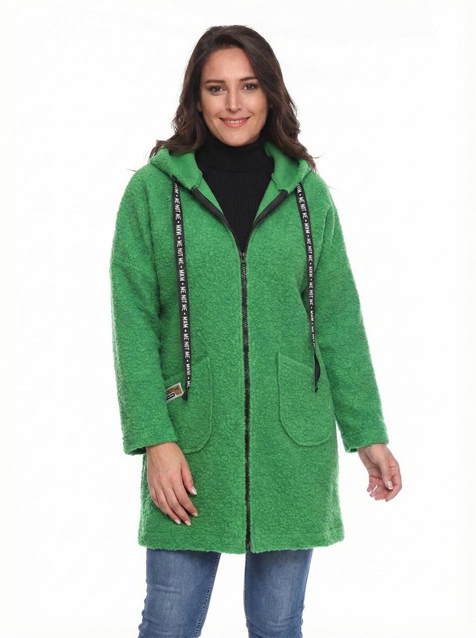 KAPÜŞONLU BUKLET BÜYÜK BEDEN  DİZ ÜSTÜ MONT Yeşil