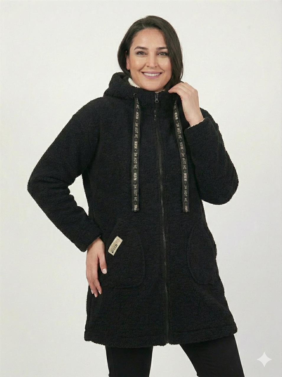 KAPÜŞONLU BUKLET BÜYÜK BEDEN  DİZ ÜSTÜ MONT Siyah