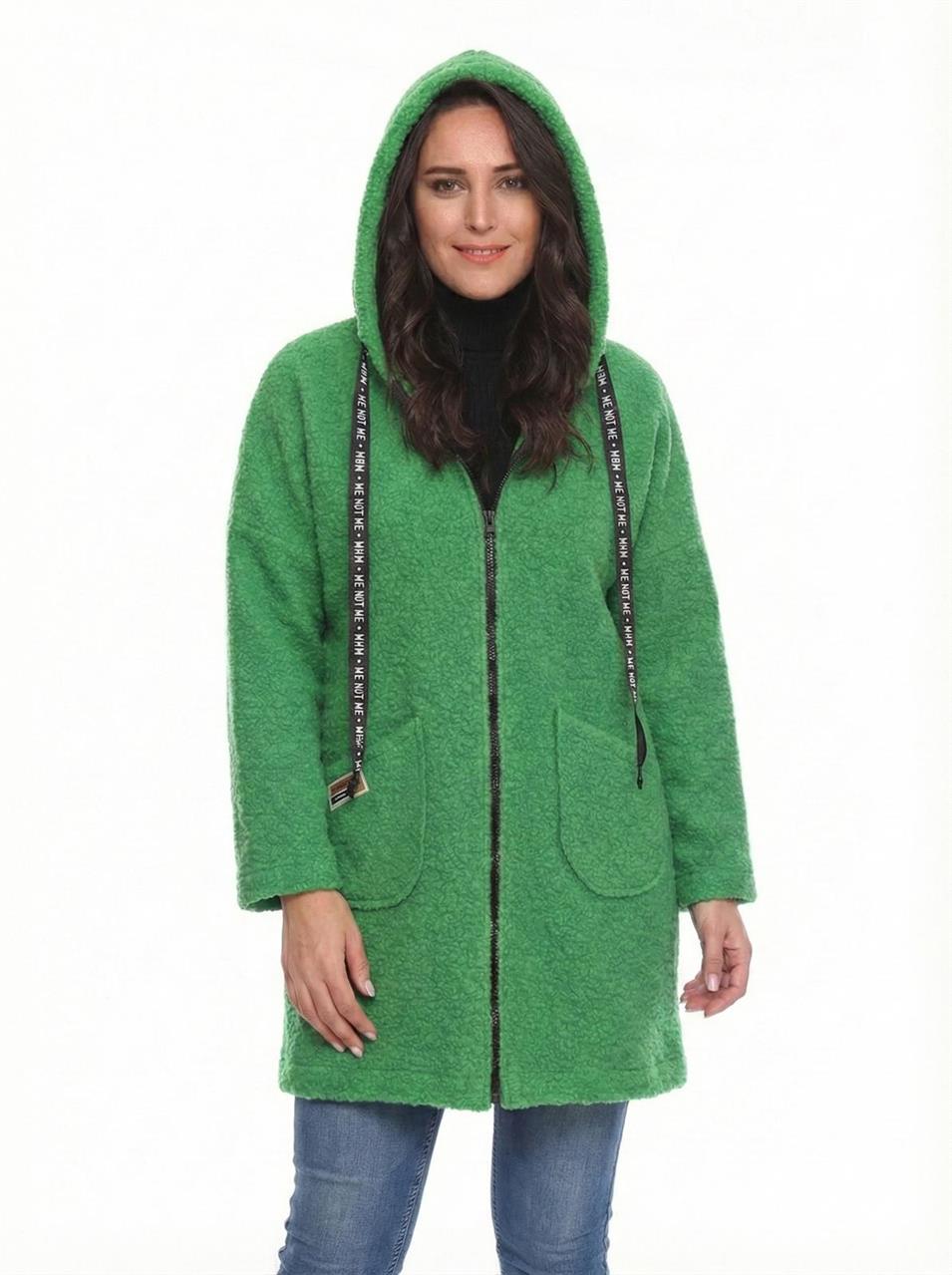 KAPÜŞONLU BUKLET BÜYÜK BEDEN  DİZ ÜSTÜ MONT Yeşil