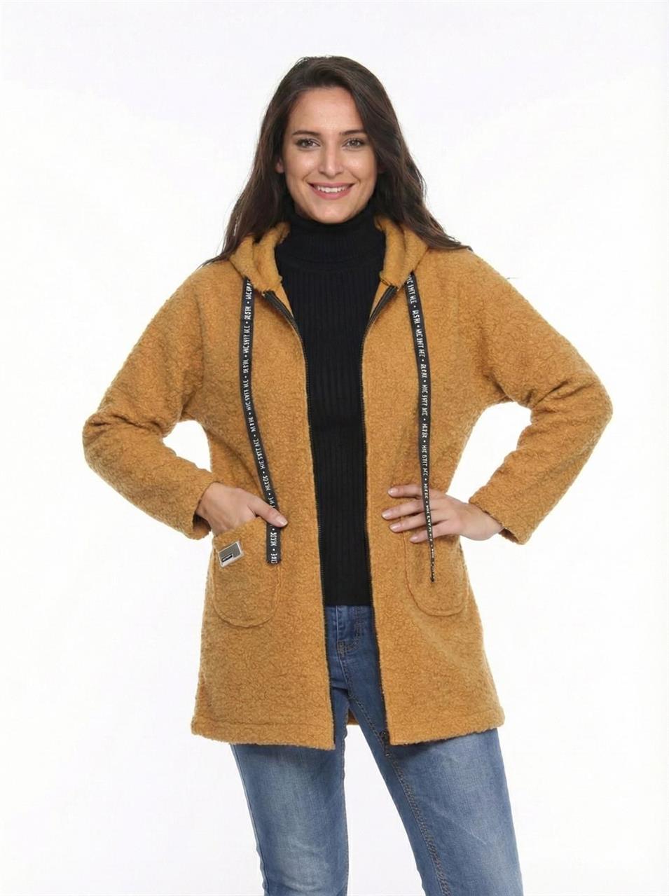 KAPÜŞONLU BUKLET BÜYÜK BEDEN  DİZ ÜSTÜ MONT Taba