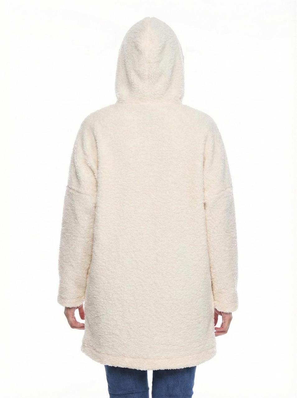 KAPÜŞONLU BUKLET BÜYÜK BEDEN  DİZ ÜSTÜ MONT ekru
