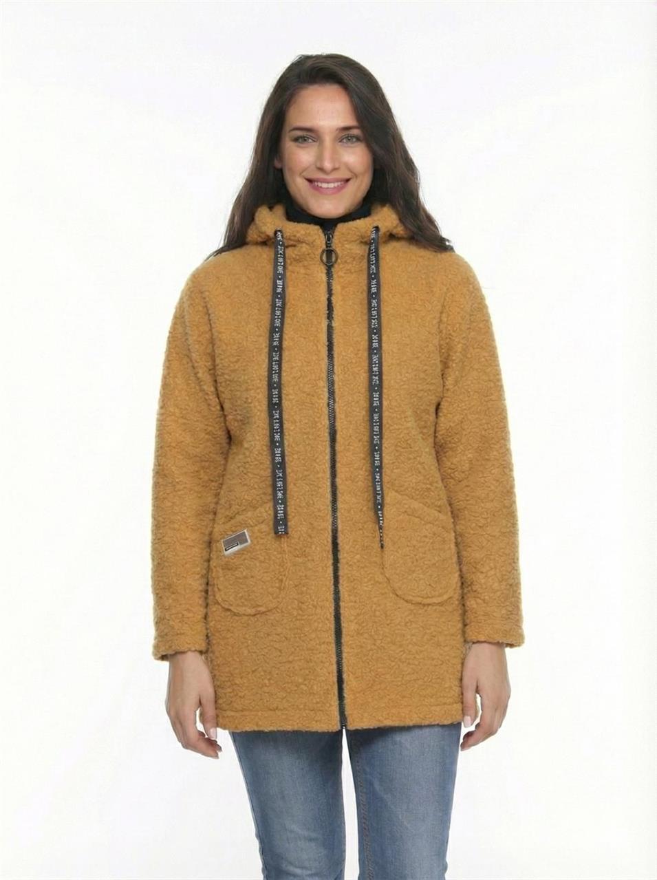 KAPÜŞONLU BUKLET BÜYÜK BEDEN  DİZ ÜSTÜ MONT Taba