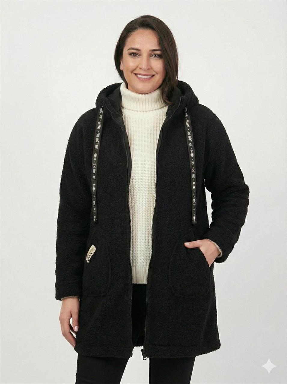 KAPÜŞONLU BUKLET BÜYÜK BEDEN  DİZ ÜSTÜ MONT Siyah