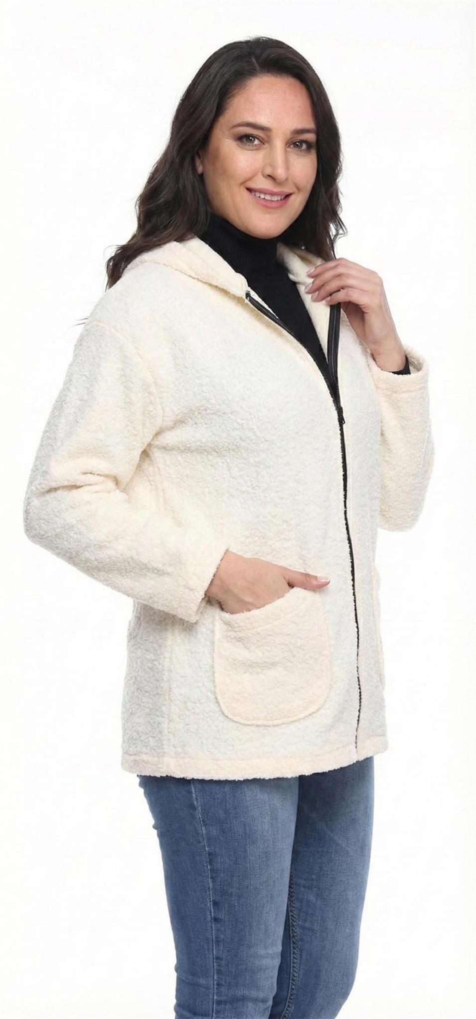 Kapüşonlu Buklet Büyük Beden Kısa Mont ekru