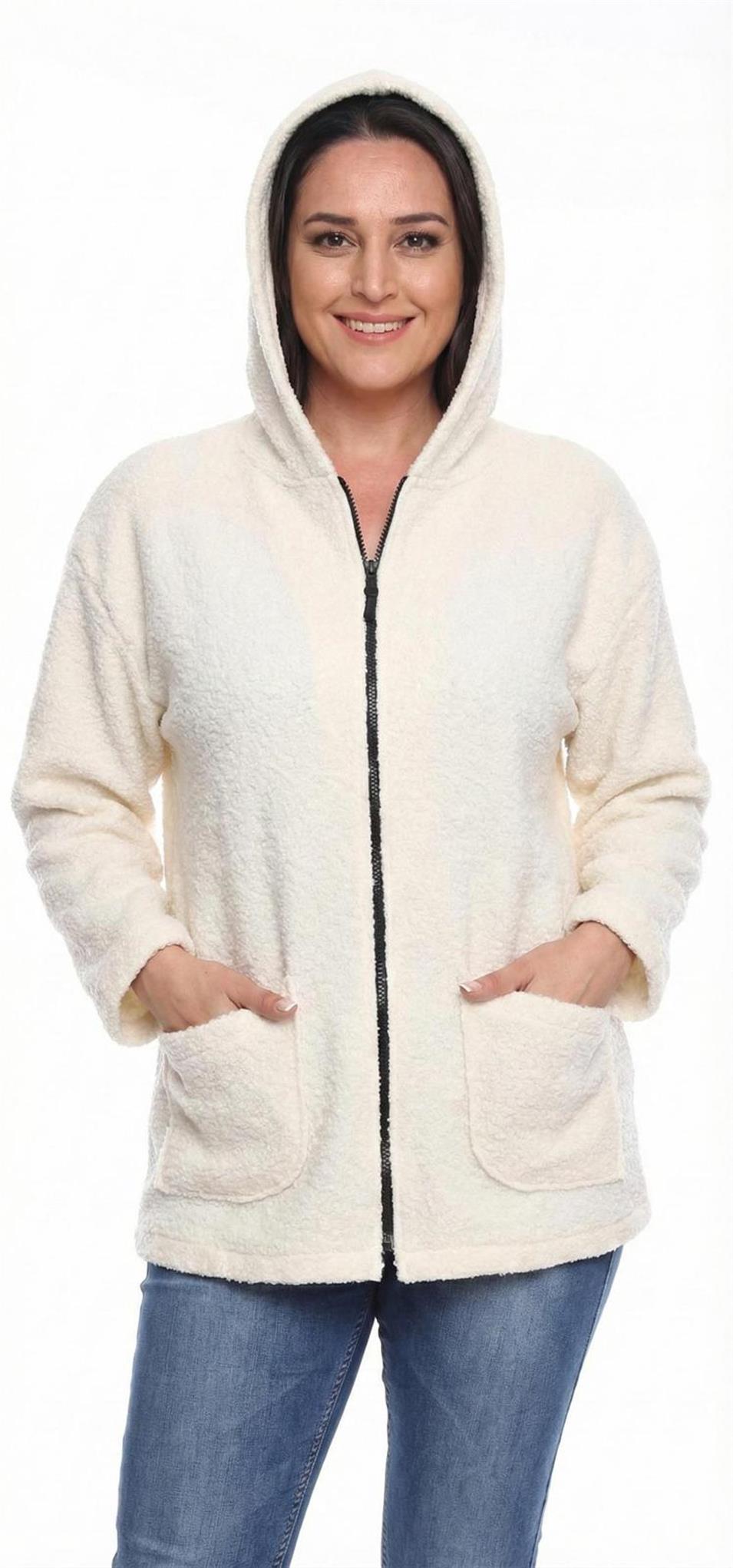 Kapüşonlu Buklet Büyük Beden Kısa Mont ekru