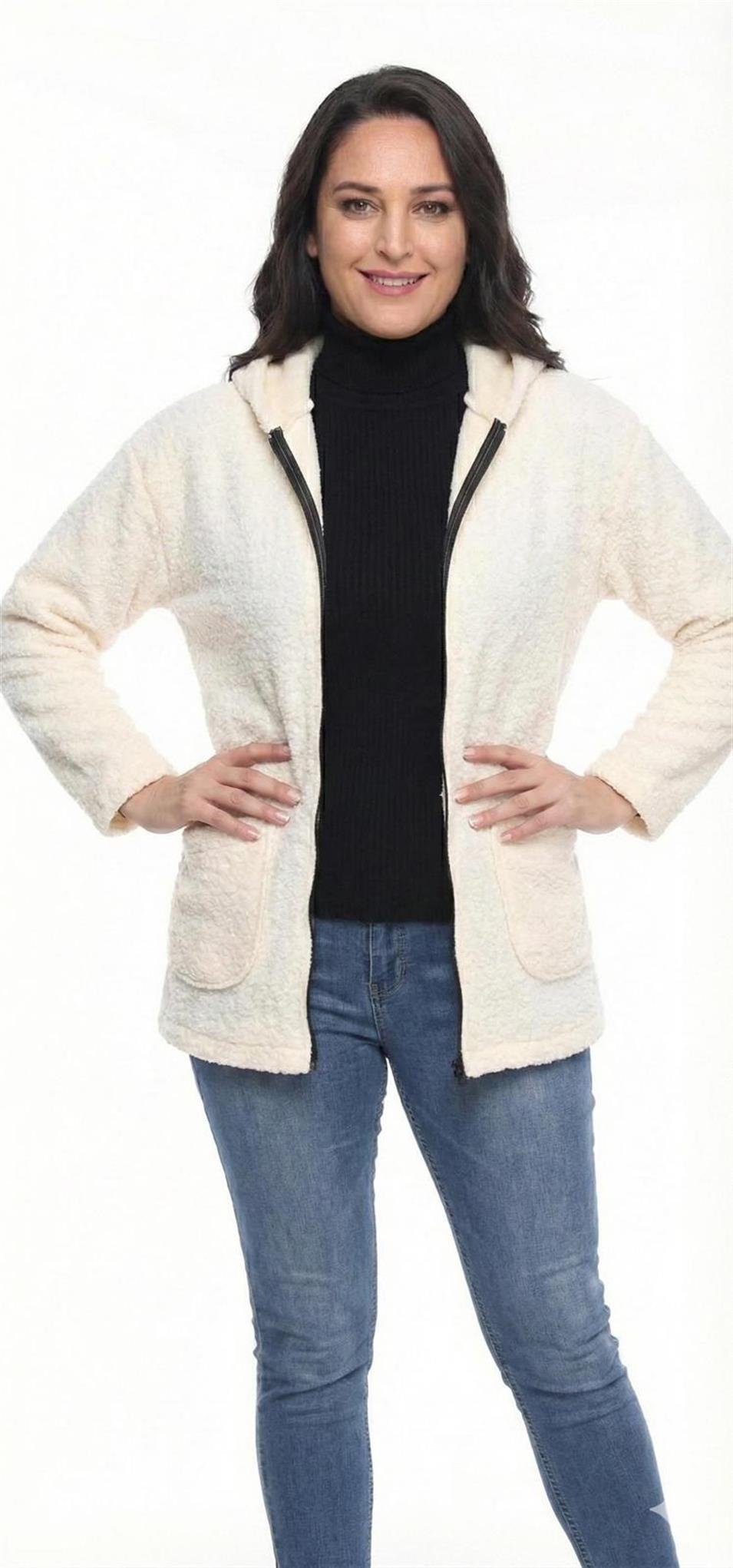 Kapüşonlu Buklet Büyük Beden Kısa Mont ekru