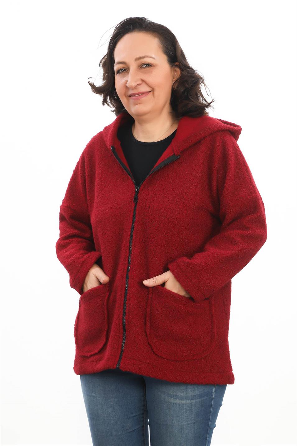 Kapüşonlu Buklet Büyük Beden Kısa Mont Bordo