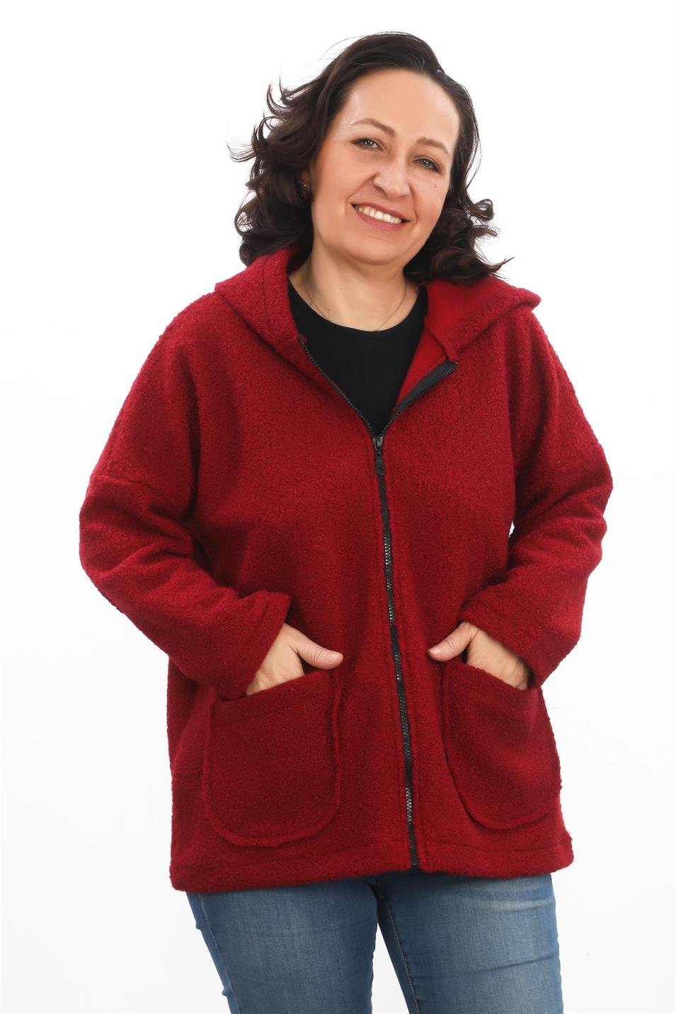 Kapüşonlu Buklet Büyük Beden Kısa Mont Bordo